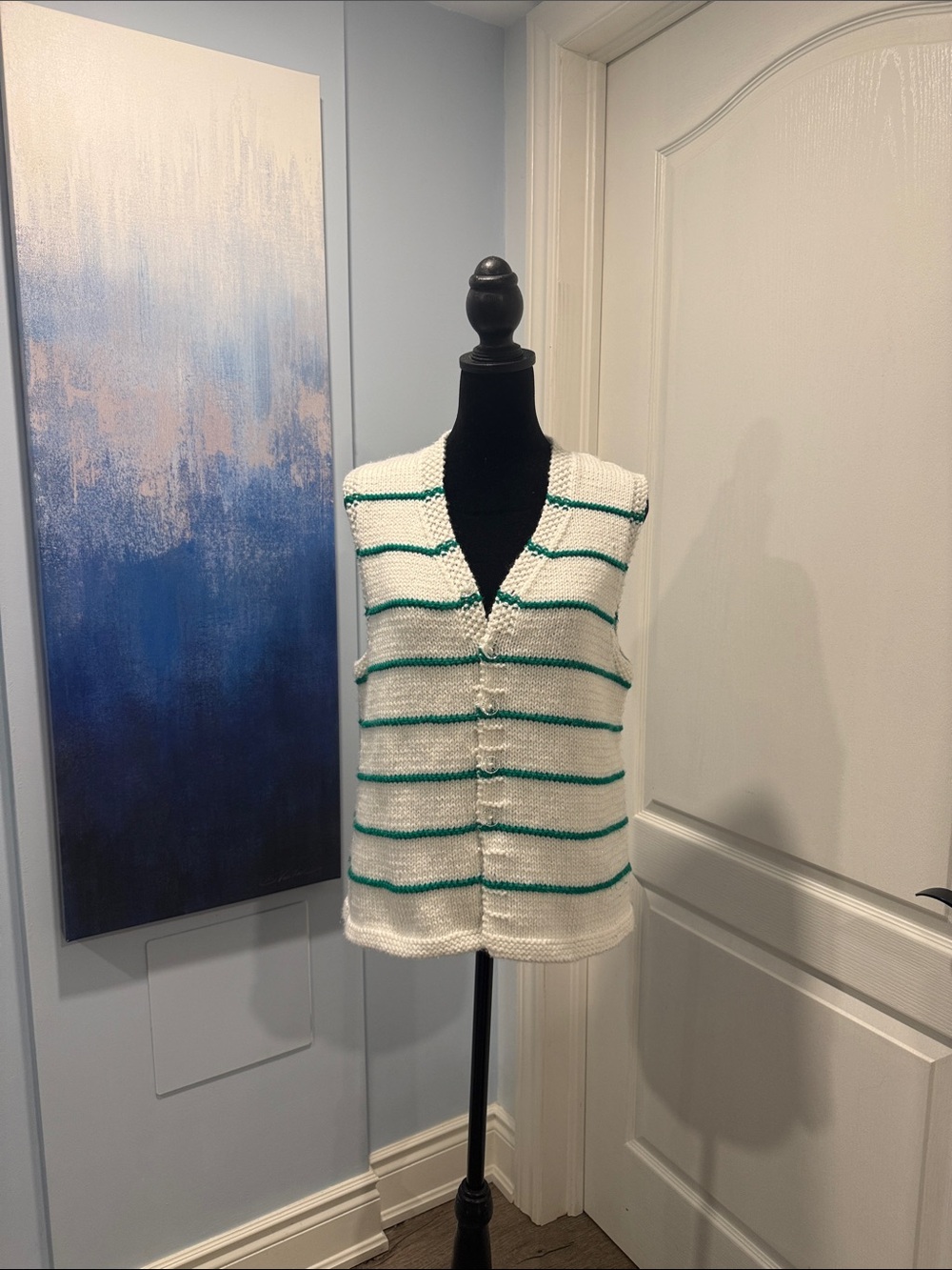 White Knit Sleeveless Vest with Green Stripes
